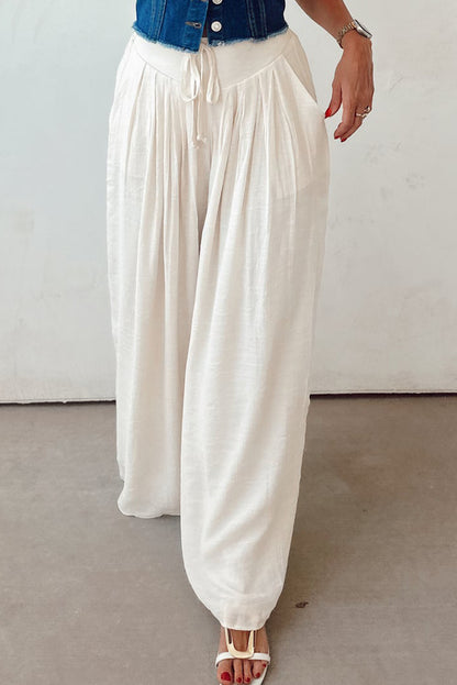 White Casual Tie Waist Pleated Wide Leg Pants