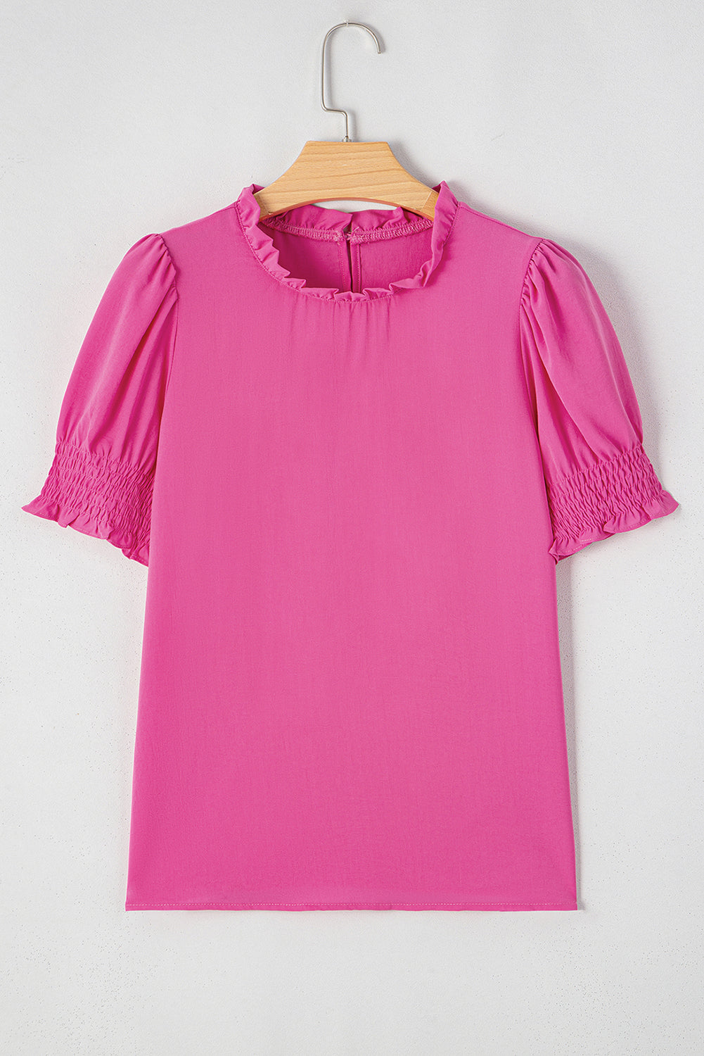 Rose Solid Color Smocked Puff Sleeve Blouse