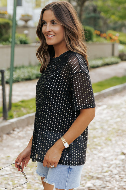 Black Sequin Drop Shoulder Sheer T-shirt