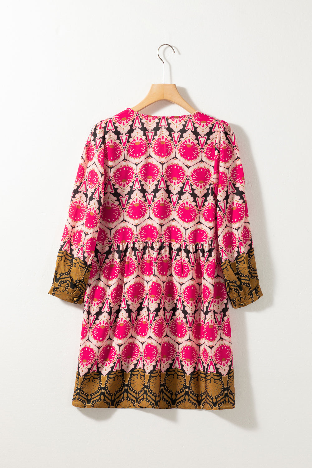 Strawberry Pink Retro Printed V Neck Bracelet Sleeve Dress