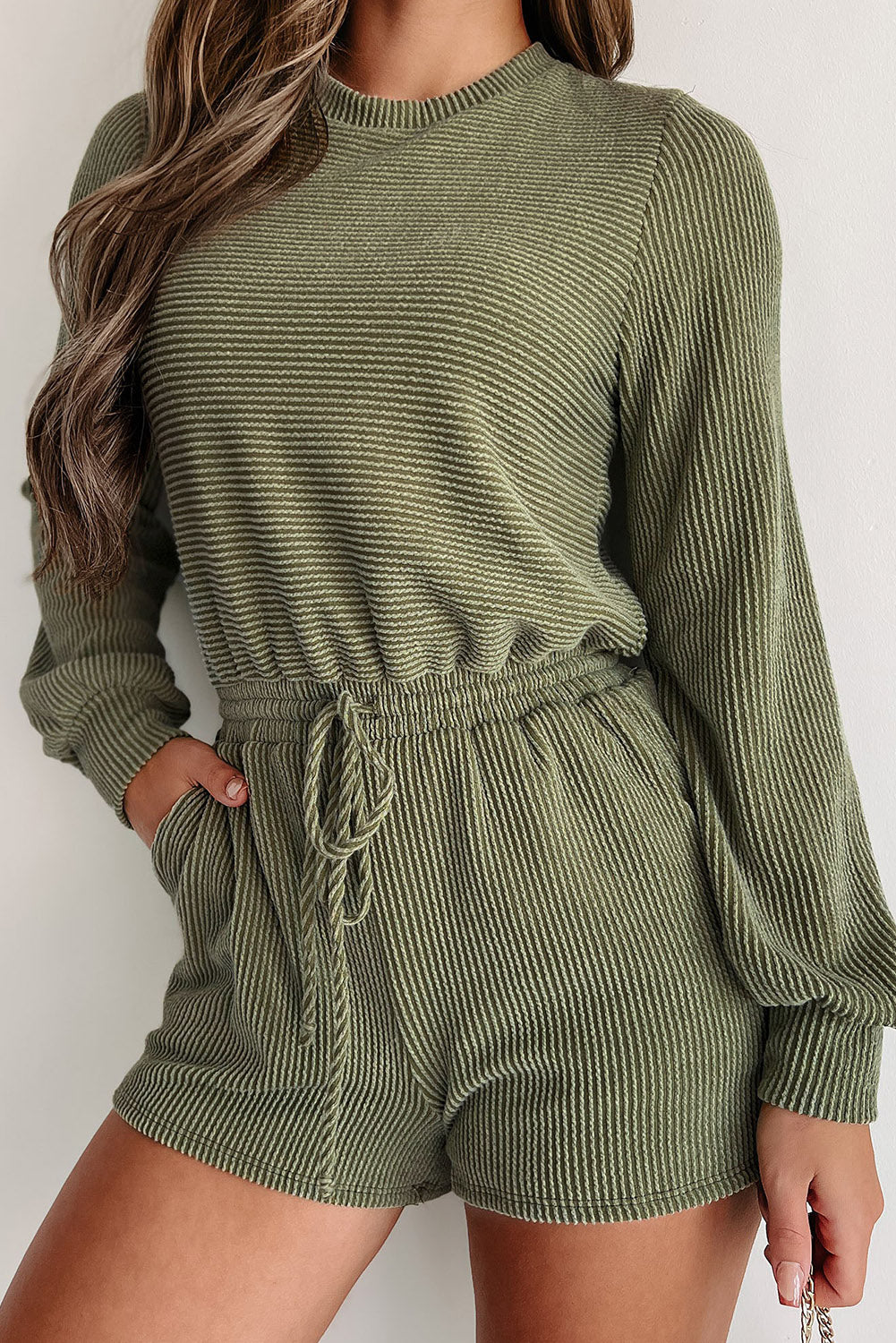 Jungle Green Corded Pullover Long Sleeve Drawstring Romper