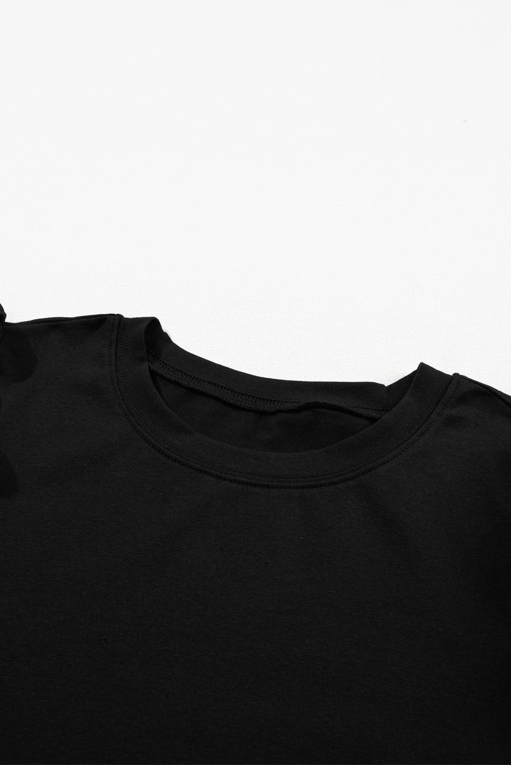 Black Ruched Puff Sleeve Crew Neck Tee