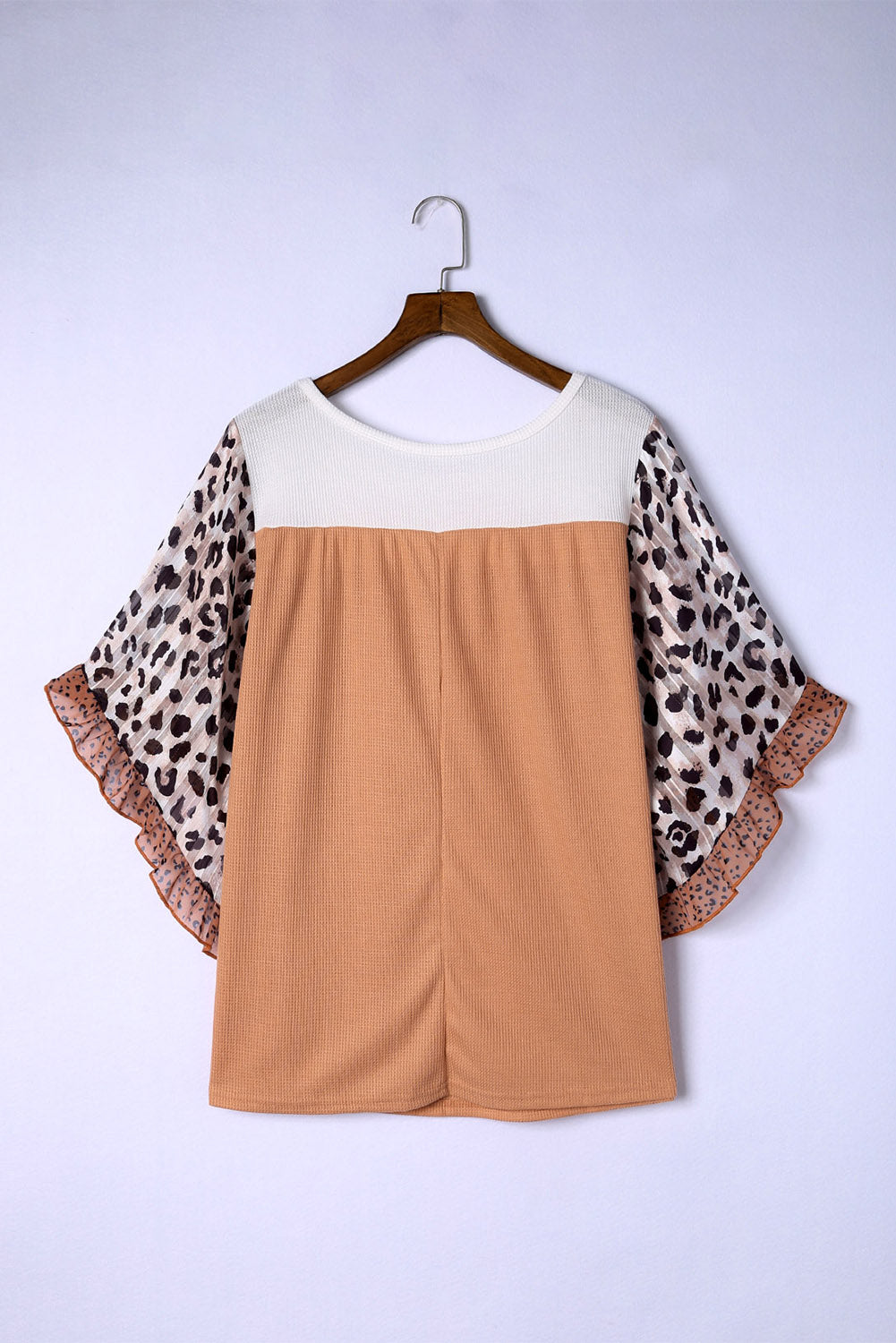 Black Rib Knit Animal Print Ruffle Sleeves Plus Size Top