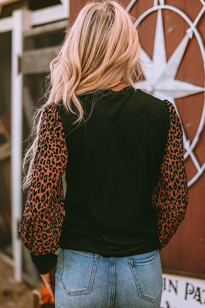 Black Leopard Print Long Sleeve Ribbed Knit Blouse