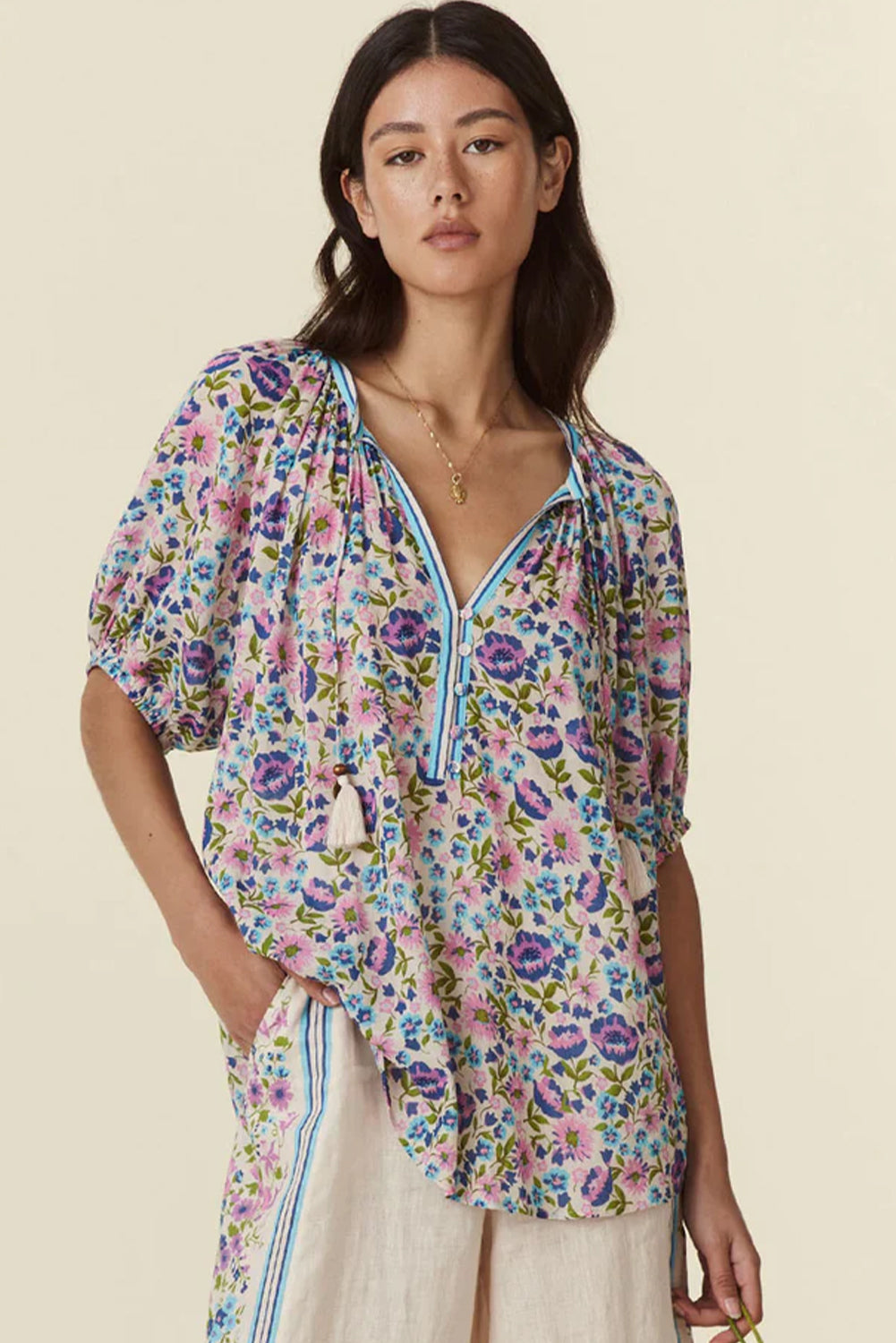 Multicolour Bohemian Floral V Neck Loose Half Sleeve Blouse