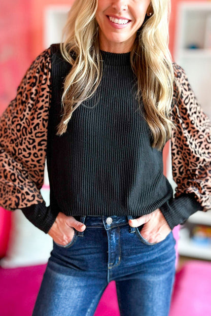 Black Leopard Print Long Sleeve Ribbed Knit Blouse