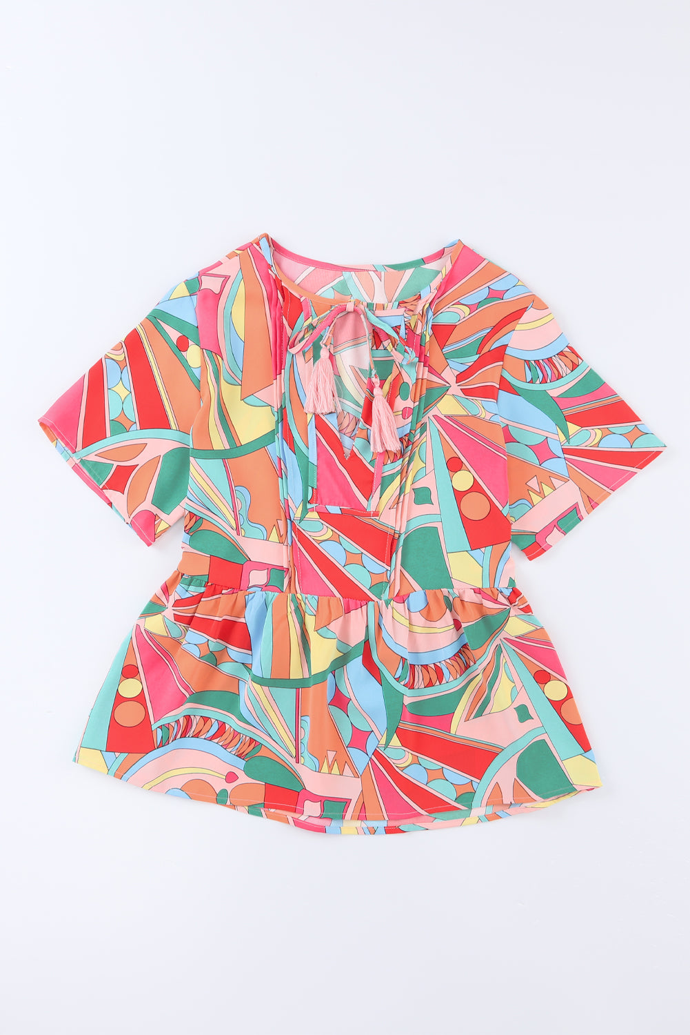 Multicolor Boho Abstract Pattern Split V Neck Flowy Blouse