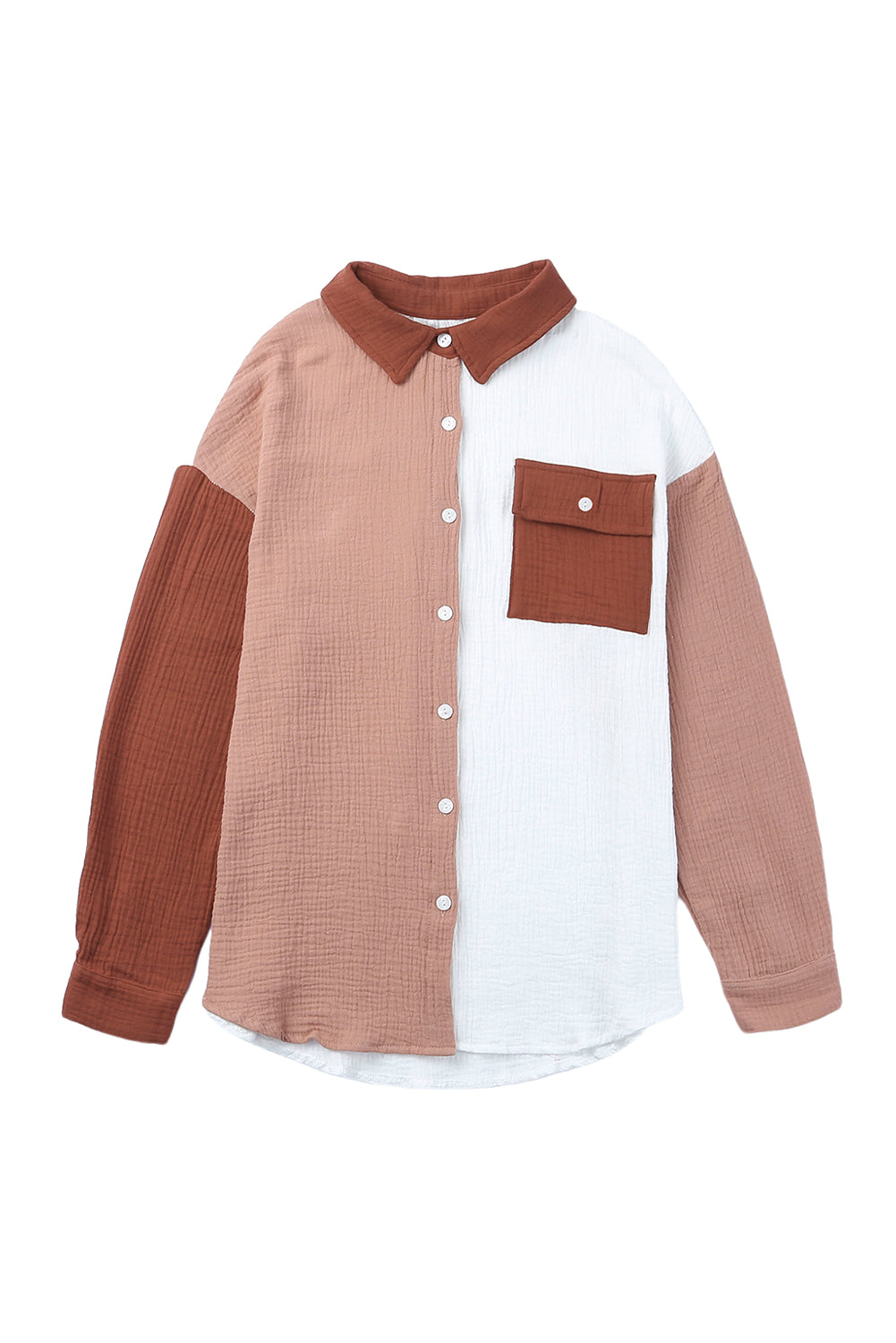 Brown Color Block Textured Long Sleeve Shirt with Pocket