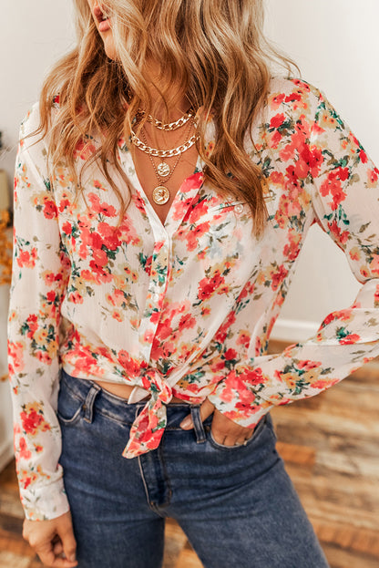 Vibrant Floral Print Chest Pocket Shirt