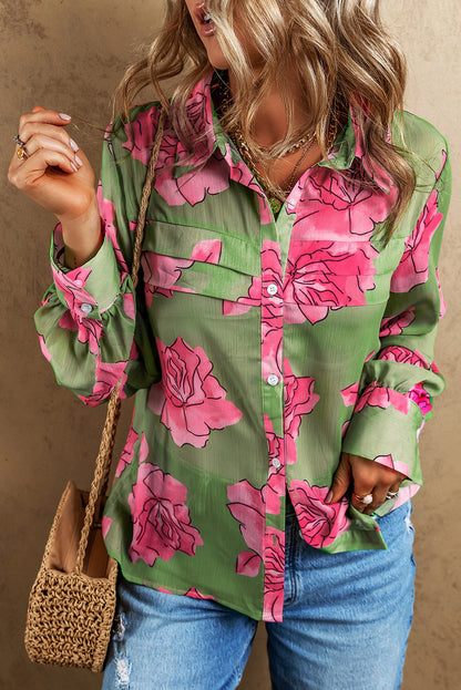 Green Floral Print Pleated Detail Puff Sleeve Shirt