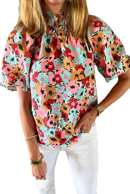 White Frilled High Neck Buttons Back Floral Blouse