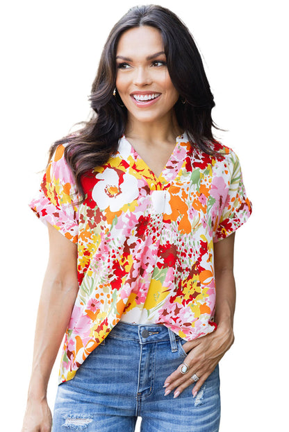 White Boho Floral Print V Neck Short Sleeves Top