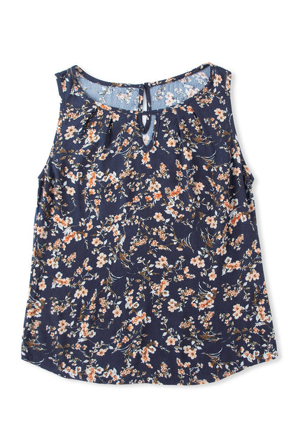 Blue Cutout Decor Round Neck Floral Tank Top