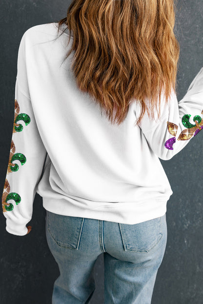 Beige Sequin Mardi Gras Patched Pattern Fleur de Lis Sleeve Sweatshirt