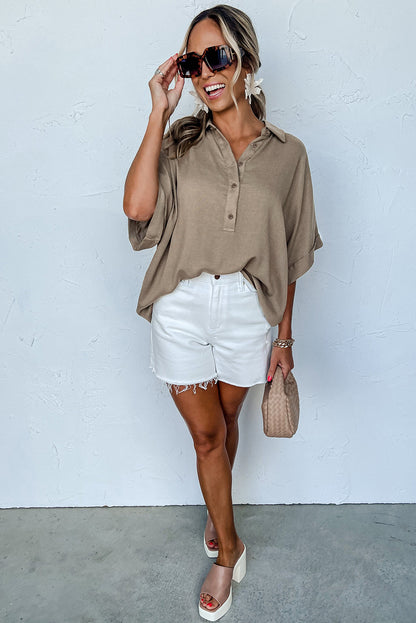 Simply Taupe Collared Half Buttons Folded Short Sleeve Oversize Top