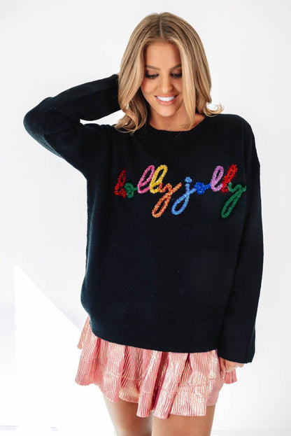 Black Holly Jolly Round Neck Casual Sweater