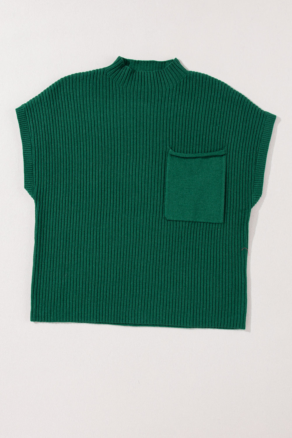 Blackish Green Patch Pocket Ribbed Knit Short Sleeve Sweater