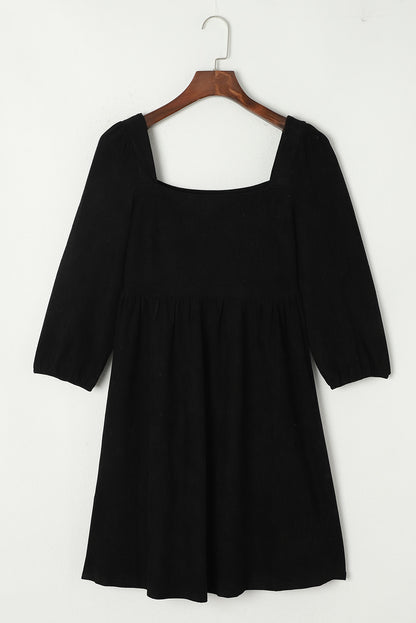 Black Suede Square Neck Puff Sleeve Dress