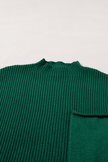 Blackish Green Patch Pocket Ribbed Knit Short Sleeve Sweater