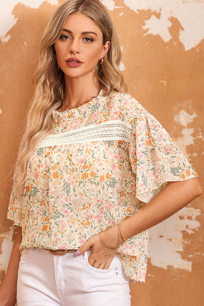 Multicolor Floral Print Wide Ruffle Sleeves Blouse