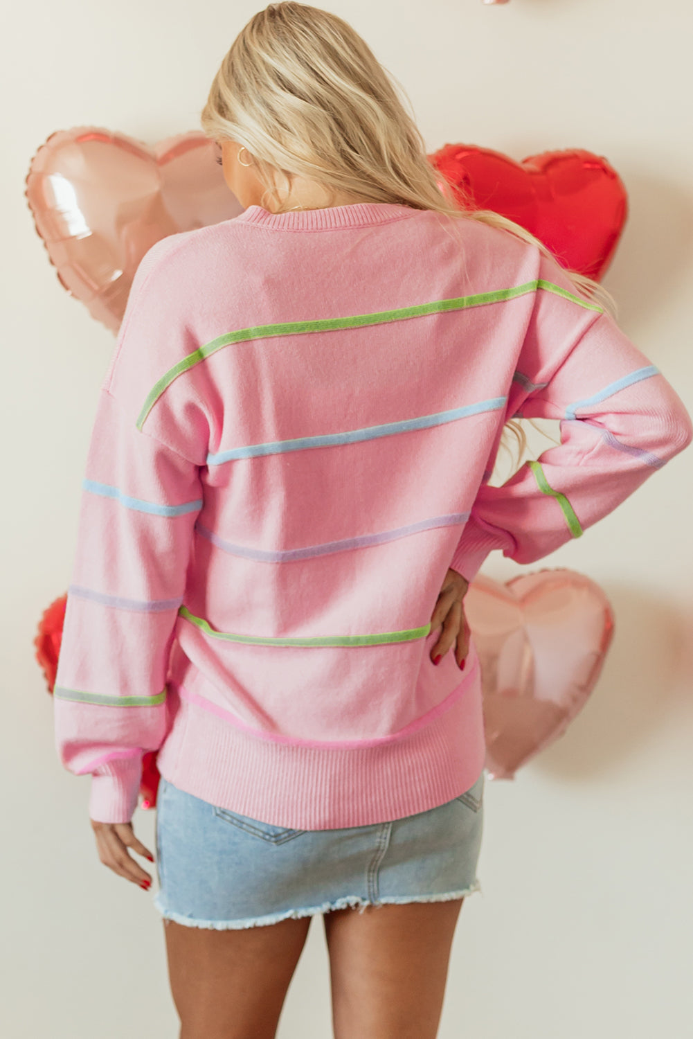 Pink Rainbow Stripes Drop Shoulder Baggy Henley Sweater