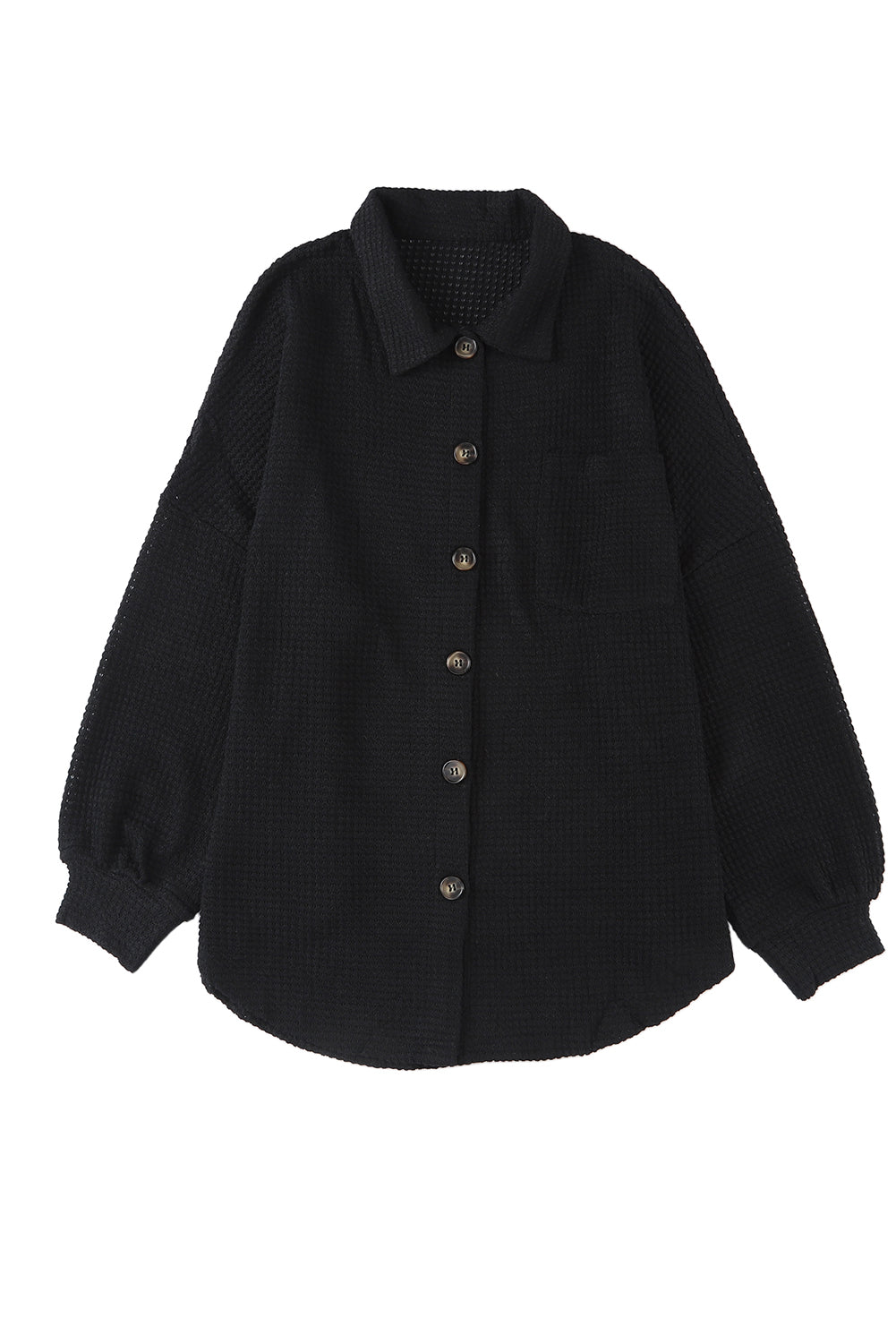 Black Waffle Knit Button Up Casual Shirt