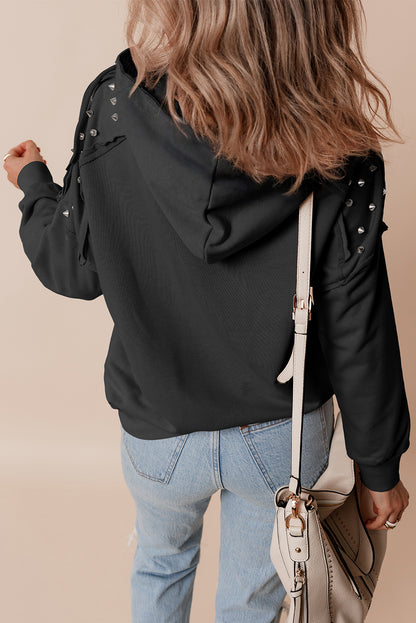 Black Solid Color Rivet Stud Raglan Sleeve Hoodie with Pocket