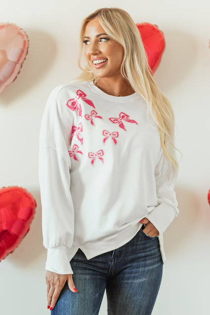 White Sequin Bowknot High Low Oversize Sweatshirt