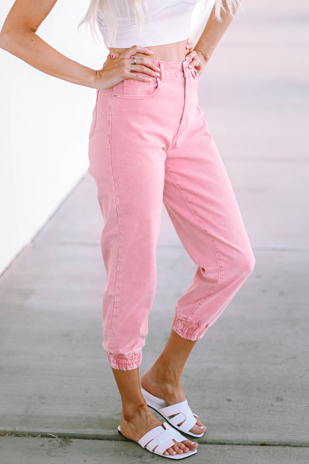 Pink Acid Wash Elastic Cuffed High Waist Jeans