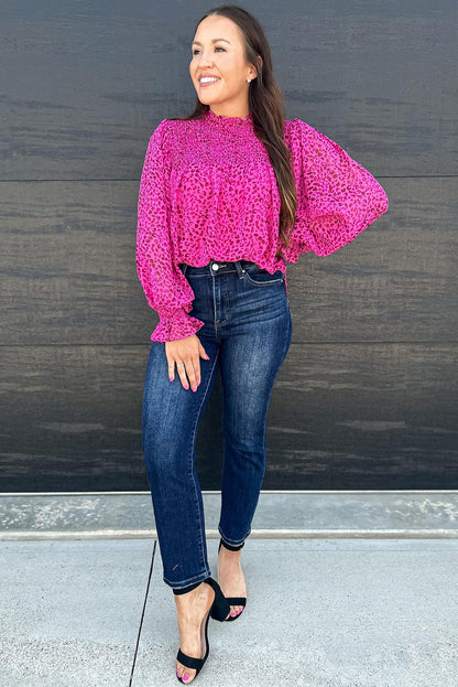 Rose Leopard Shirred Puff Sleeve Flowy Blouse