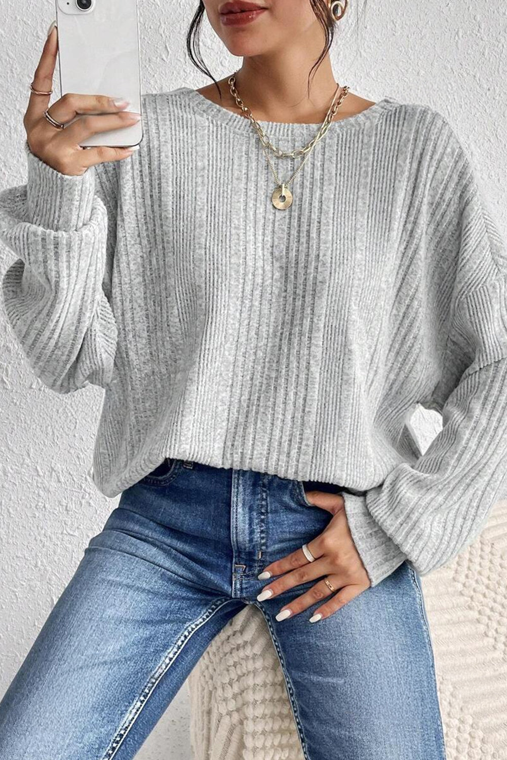 Light Grey Textured Crossover Backless Knit Long Sleeve Top