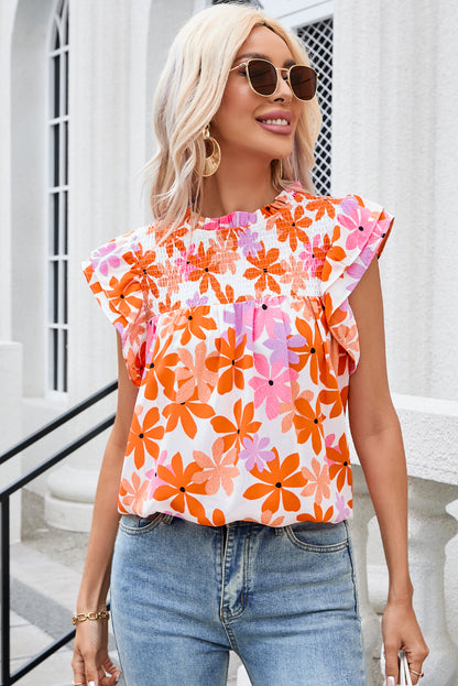 Orange Ruffled Sleeve Smocked Floral Top