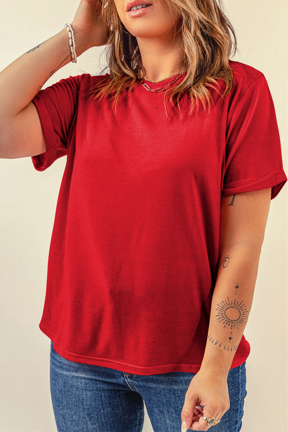 Red Casual Plain Crew Neck Tee