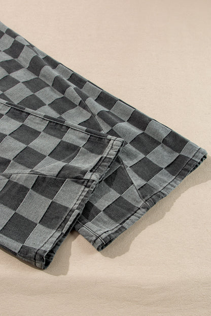 Dark Grey Checkered Denim Wide Leg Jeans