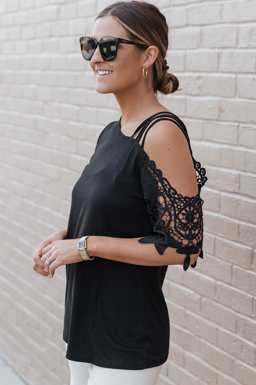 Black Lace Splicing Strappy Cold Shoulder Top