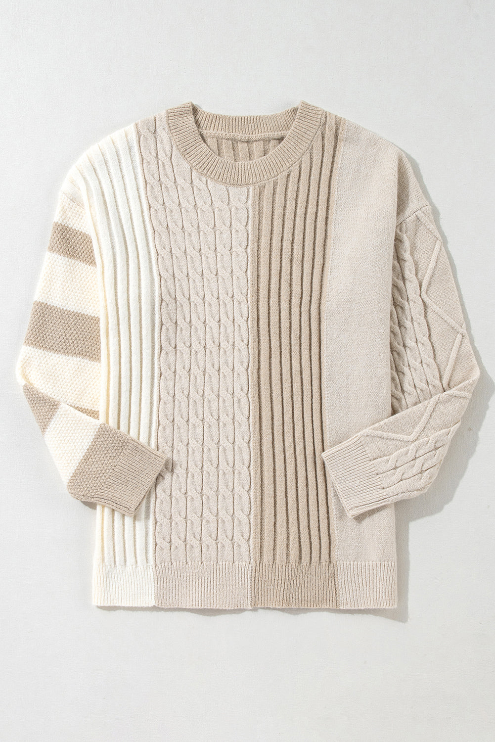 Khaki Cable Knit Colorblock Crew Neck Drop Shoulder Sweater