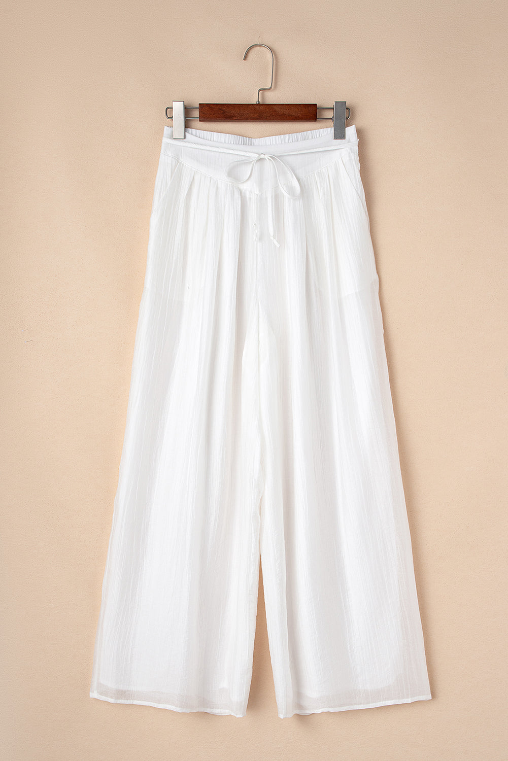 White Casual Tie Waist Pleated Wide Leg Pants