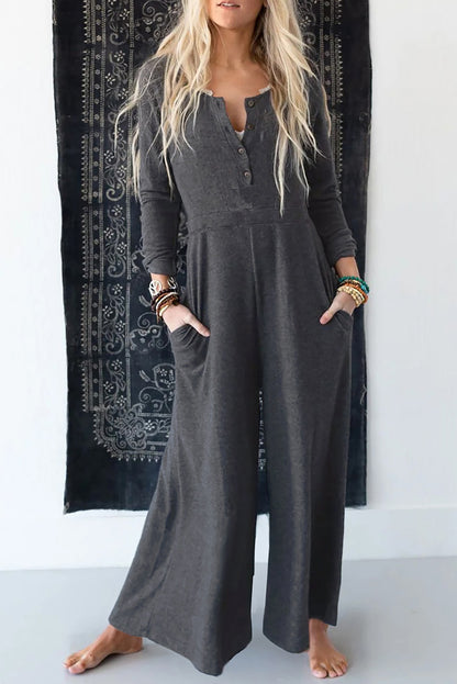 Dark Grey Henley Long Sleeve Wide Leg Jumpsuit with Pockets