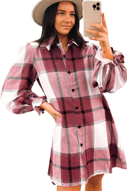 Brown Plaid Collared Ruffle Sleeve Button Up Shirt Dress