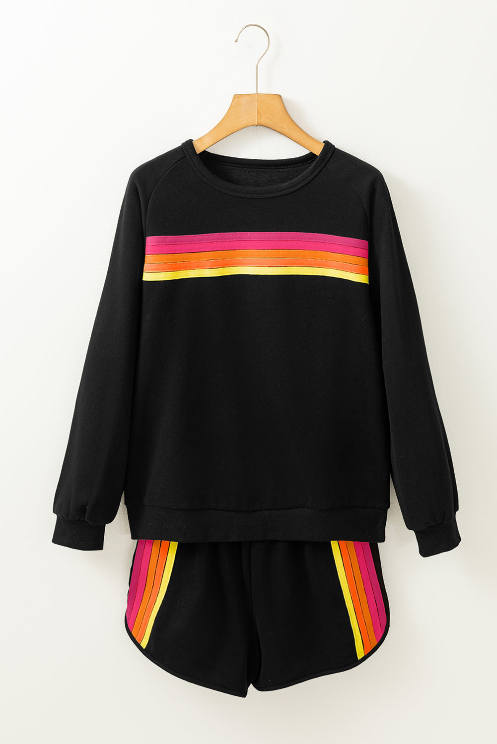 Black Striped Accent Pullover and Shorts Two Piece Casual Set