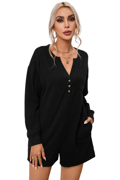 Black Brushed Ribbed Button Split V Neck Long Sleeve Romper