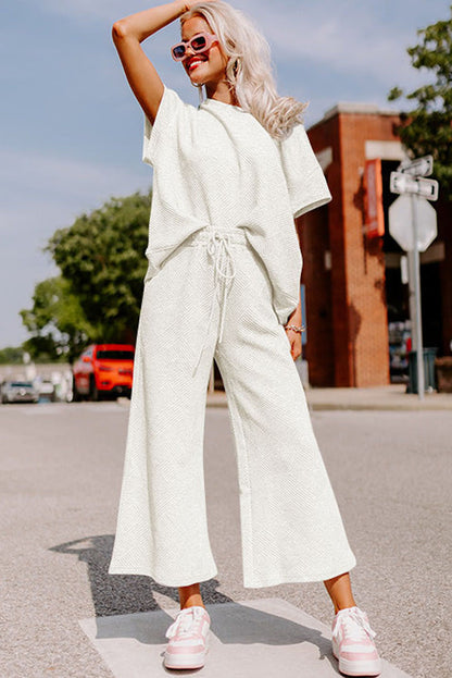 White Textured Loose Fit T Shirt and Drawstring Pants Set