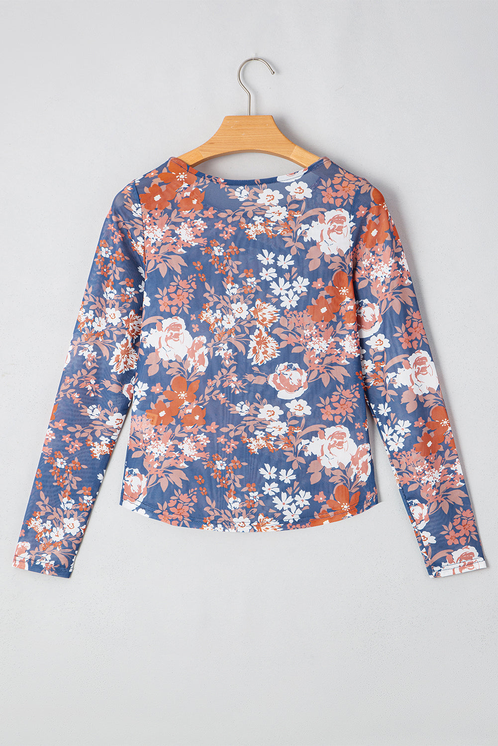 Orchid Petal Floral Print Mesh Fitted Long Sleeve Top