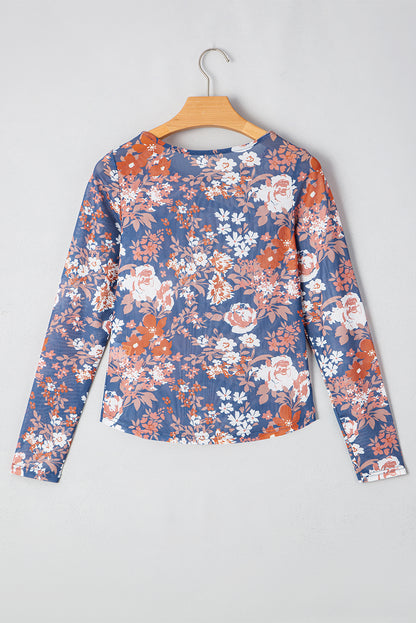 Orchid Petal Floral Print Mesh Fitted Long Sleeve Top