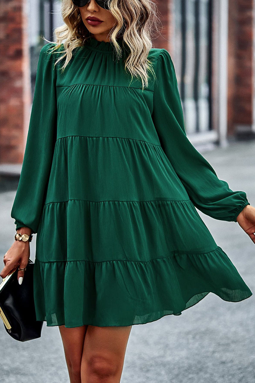 Green Mock Neck Solid Color Pleated Mini Dress