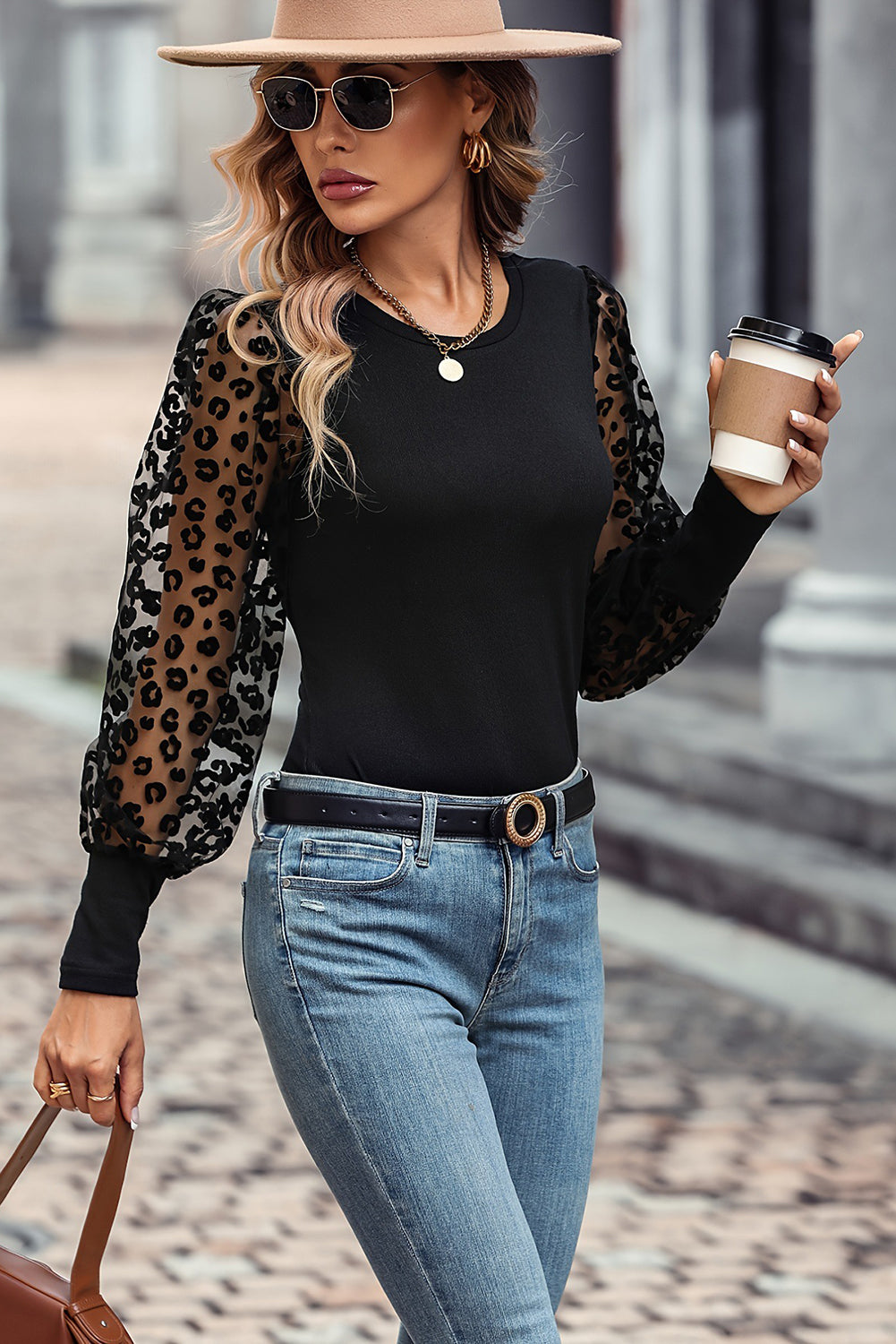 Black Leopard Mesh Puff Sleeve Patchwork Slim Fit Top