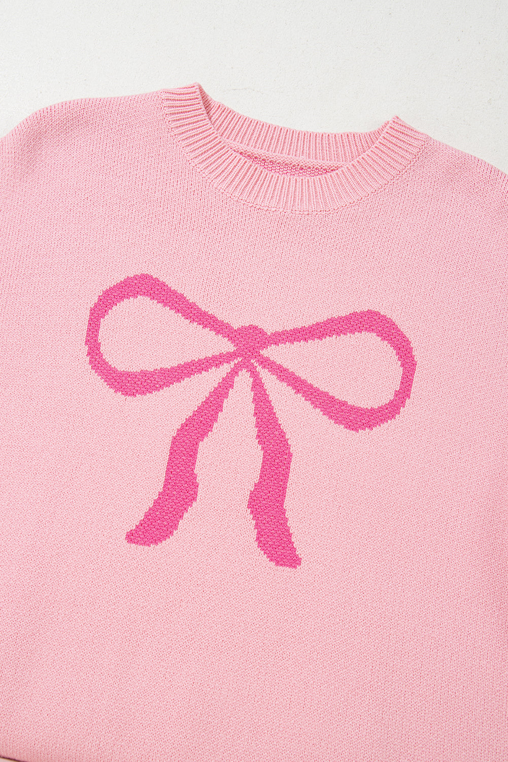 Pink Bow Graphic Drop Shoulder Round Neck Sweater