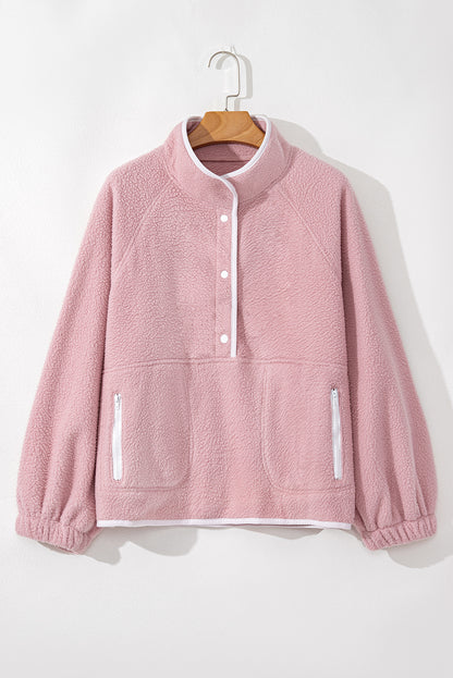 Fushia Stand Neck Half Button Zip Pocket Plush Sweatshirt