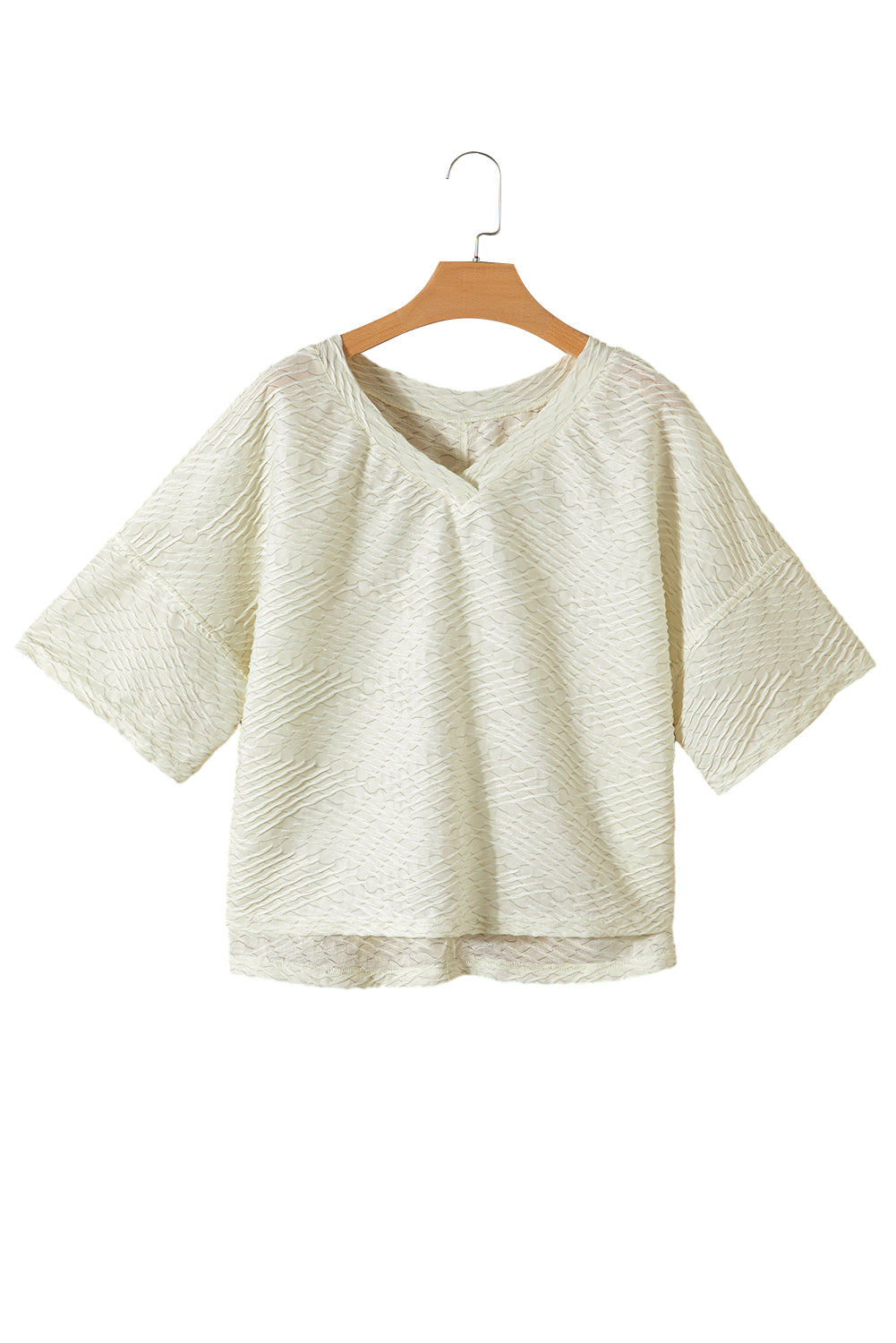 Beige V Neck Textured Split Hem Oversized Top