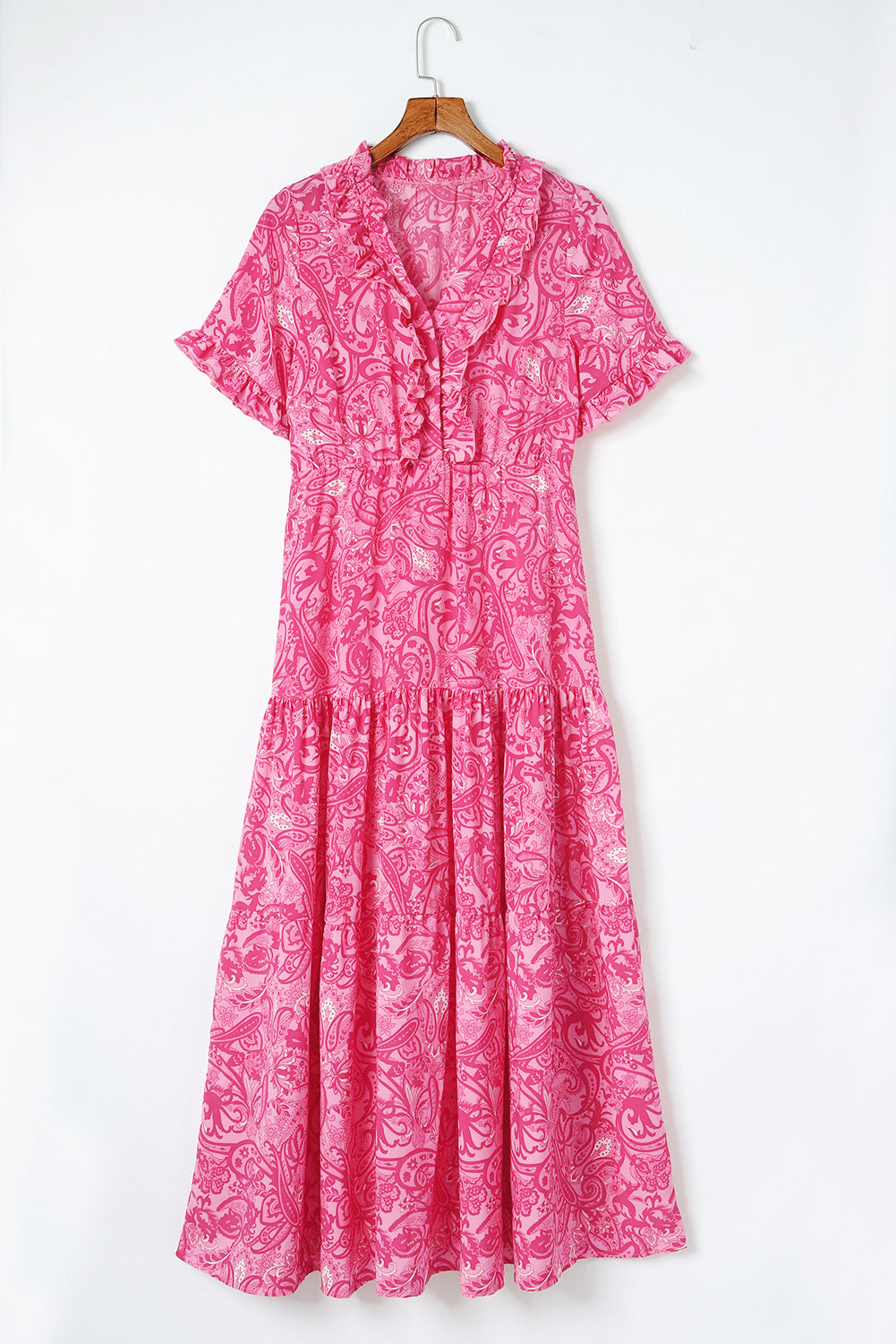 Pink Paisley Print Boho Holiday Ruffle Tiered Maxi Dress